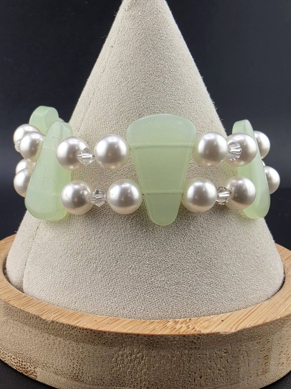 Chunky Jade Green Glass Faux Pearl 8" Toggle Bracelet Bali Style Accents